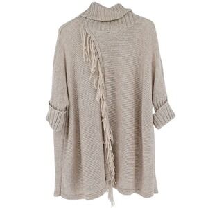 L/XL Boho Cozy Neutral Knit Cowl-Neck Sweater Long Pullover Tunic Fringe Detail